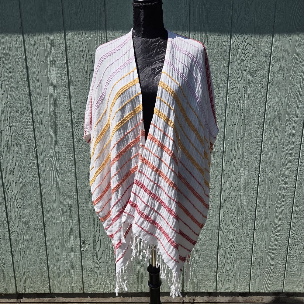 Aerie Striped Cotton Kimono Cover Up Tassel Fringe OS Beach Swim Boho Resort